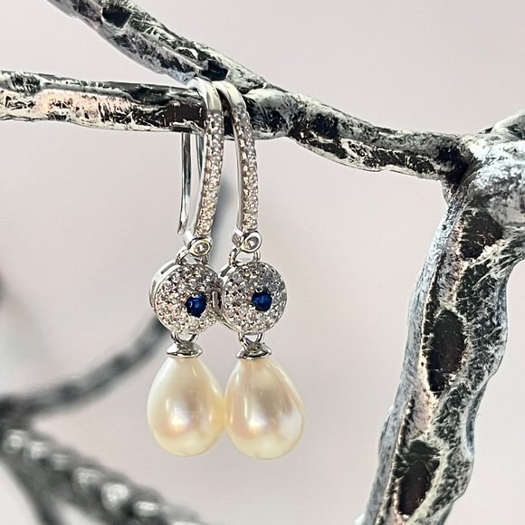 Vintage Style 925S Zirconia And Real Freshwater Drop Pearl Dangle Hook Earrings - Picture 4 of 14